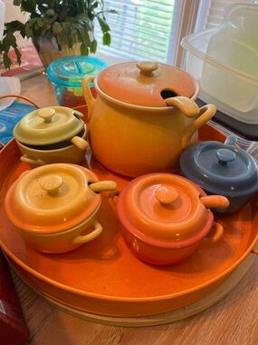 Colorful Ceramic Cocotte Set - Orange, Yellow, Blue & Green